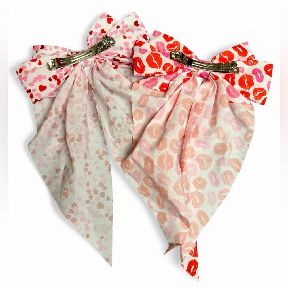 Bow Hair Clips Pink and Red Hearts and Lips Patterned with 3” clips set of 2